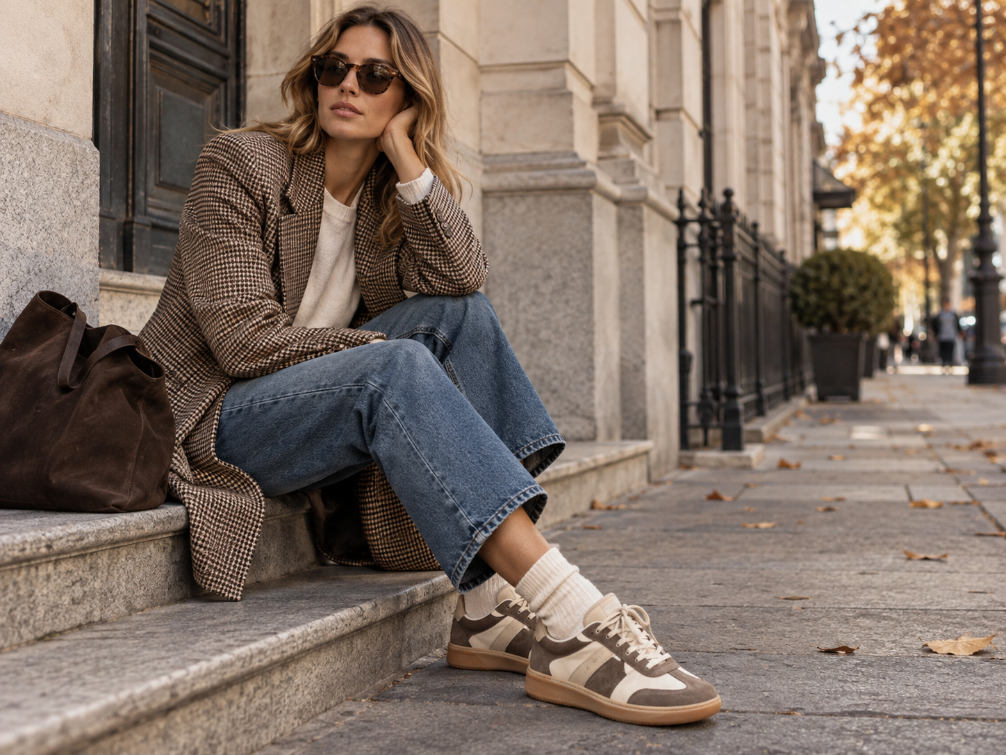 Look casual feminino de outono com sapatilhas retro jeans blazer e mala grande