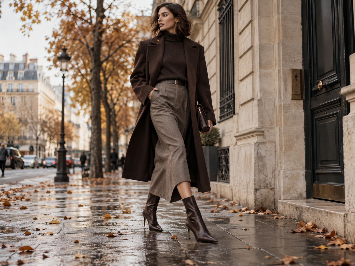 Look feminino de outono com botins castanhos de biqueira fina casaco comprido e saia midi