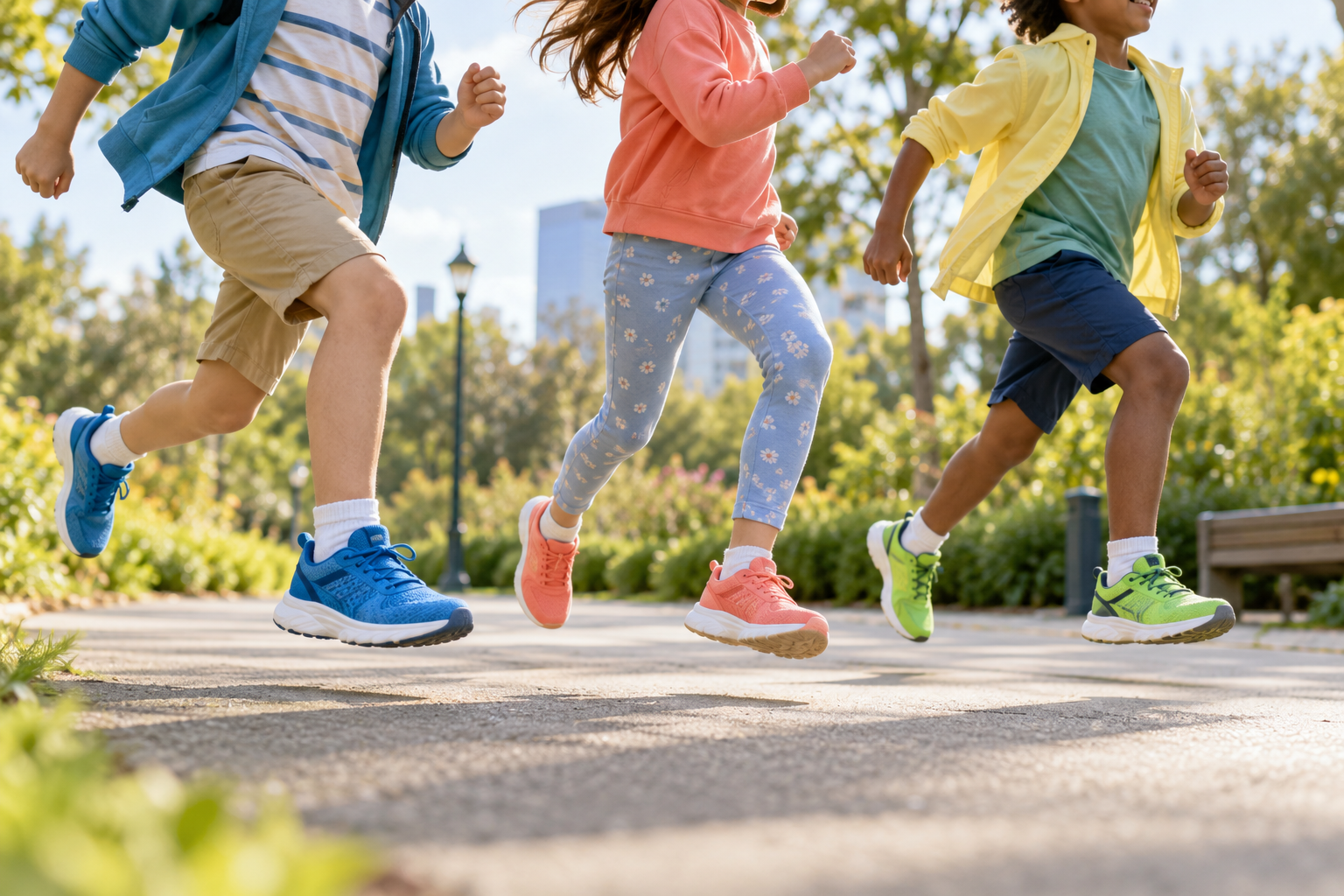 Crianças com sapatilhas a correr e brincar no parque