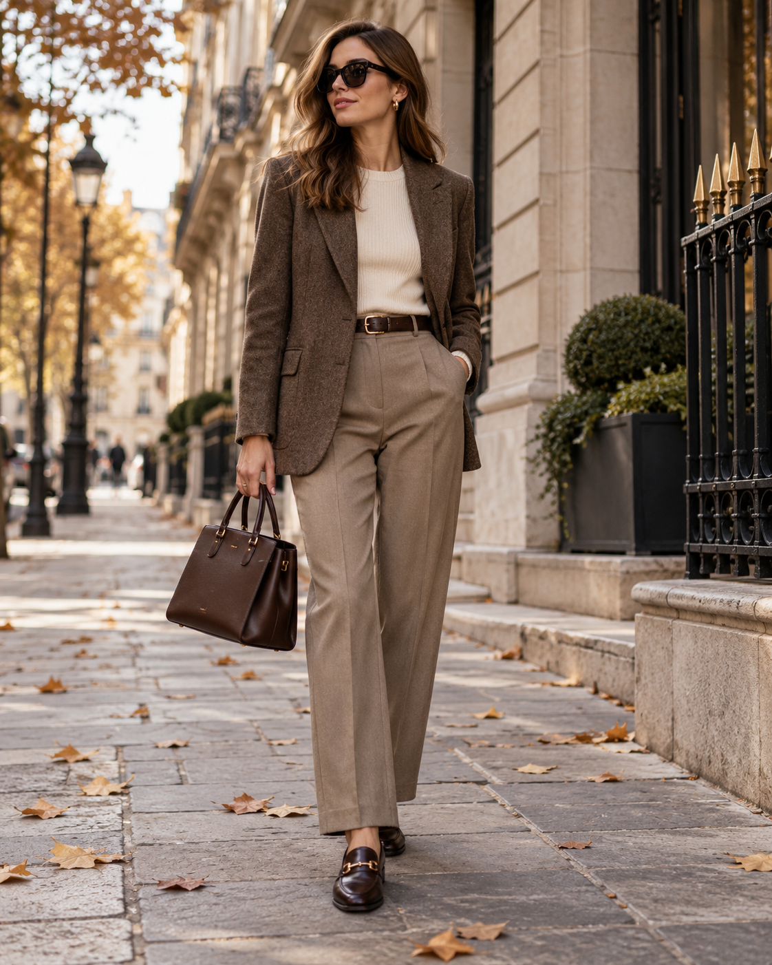 Look de outono elegante para o escritório com blazer castanho calças de tecido loafers e mala estruturada