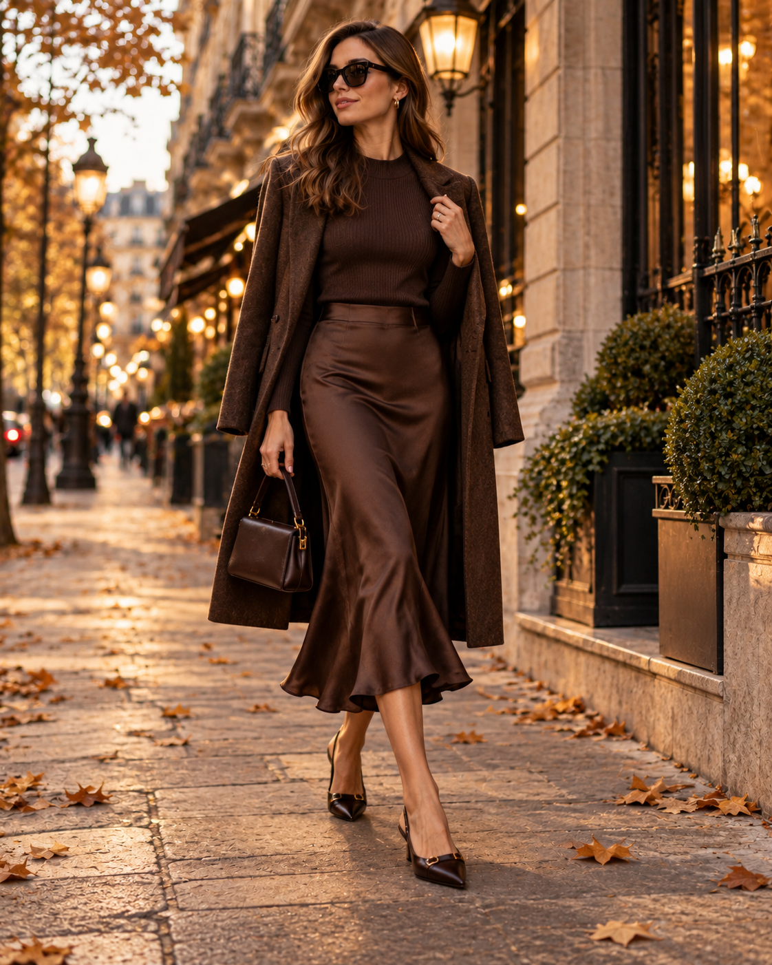 Look elegante de noite em tons chocolate com saia midi blazer sapatos de salto e mala pequena