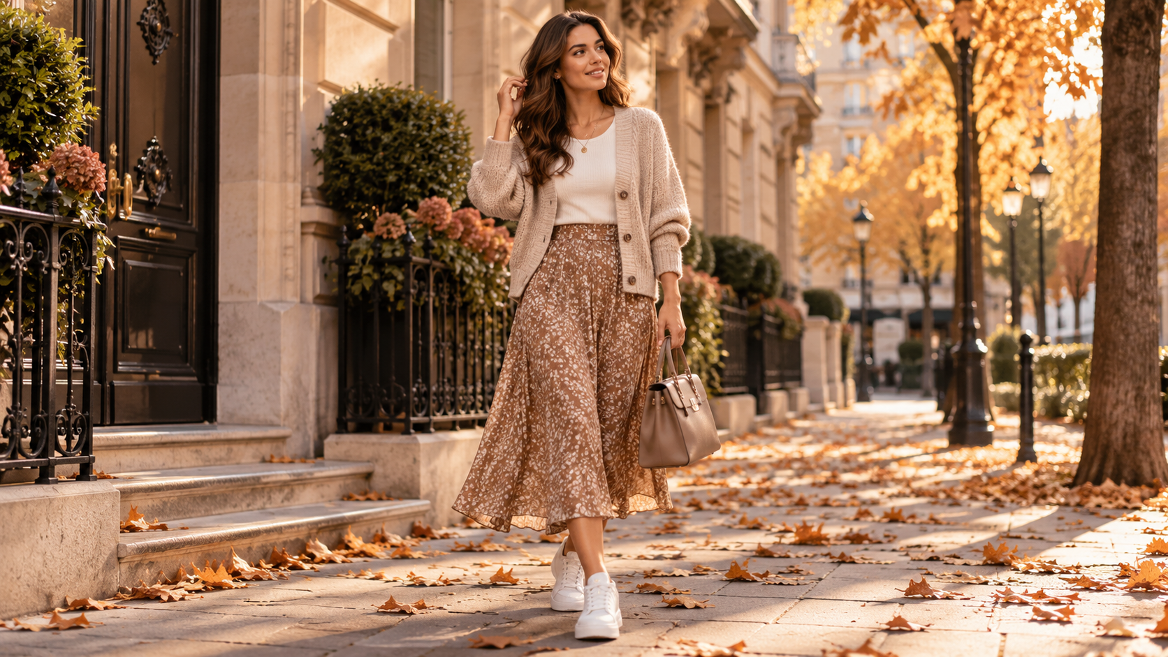 Saia midi com sapatilhas e cardigan para o outono