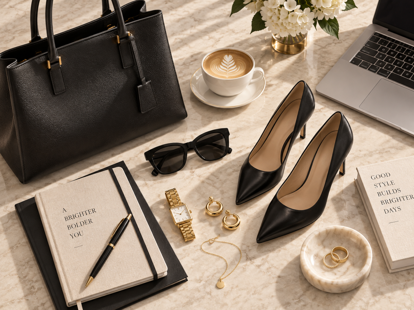 Acessórios femininos elegantes para o escritório com mala relógio e sapatos